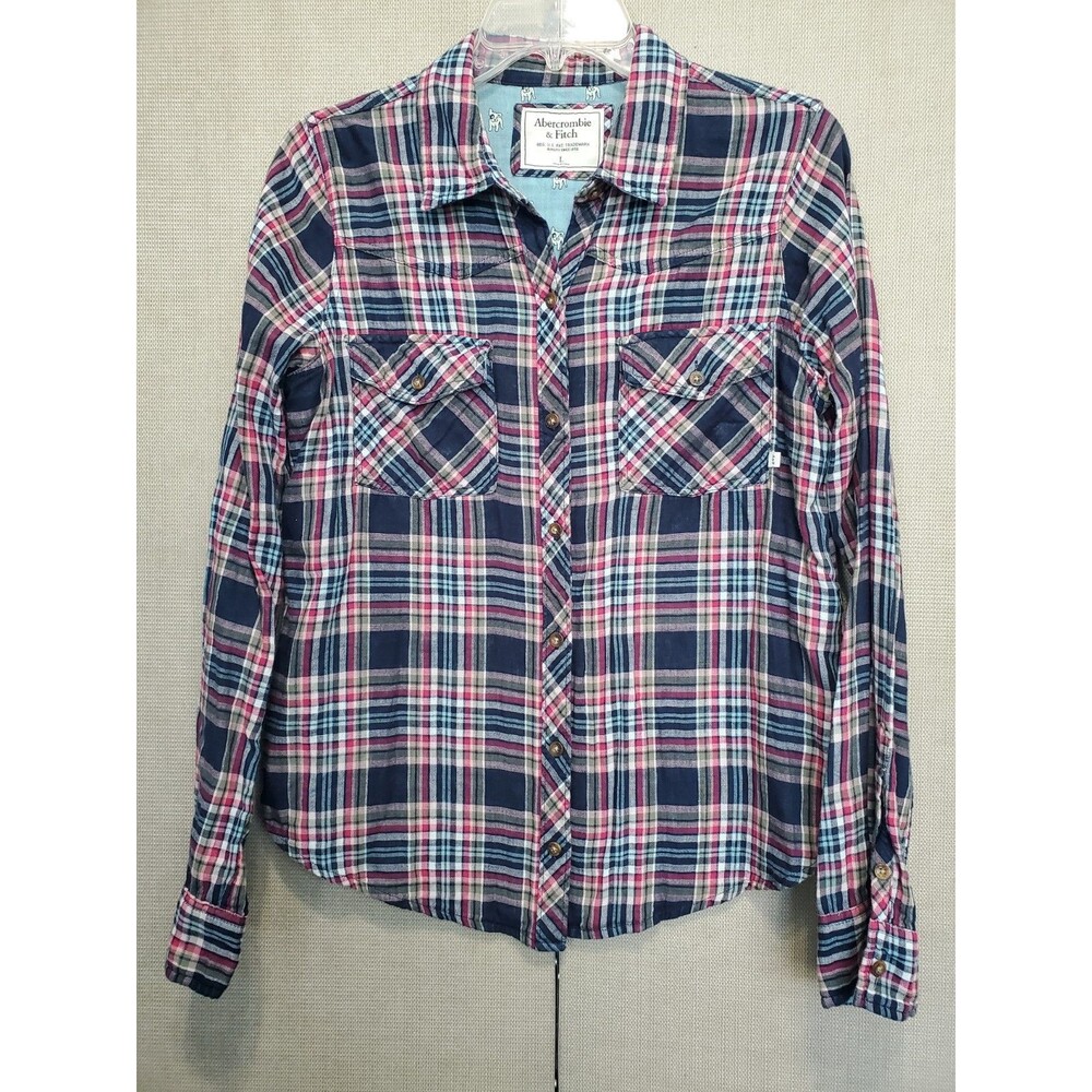 Abercombie & Fitch Women's Plaid Lined Bull Terrier Print Button-Up Shirt Size L